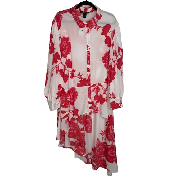 Ashley Stewart Tops - Ashley Stewart Size 24 Pink Floral Asymmetrical Hem Button-Up Shirt Dress Whimsy